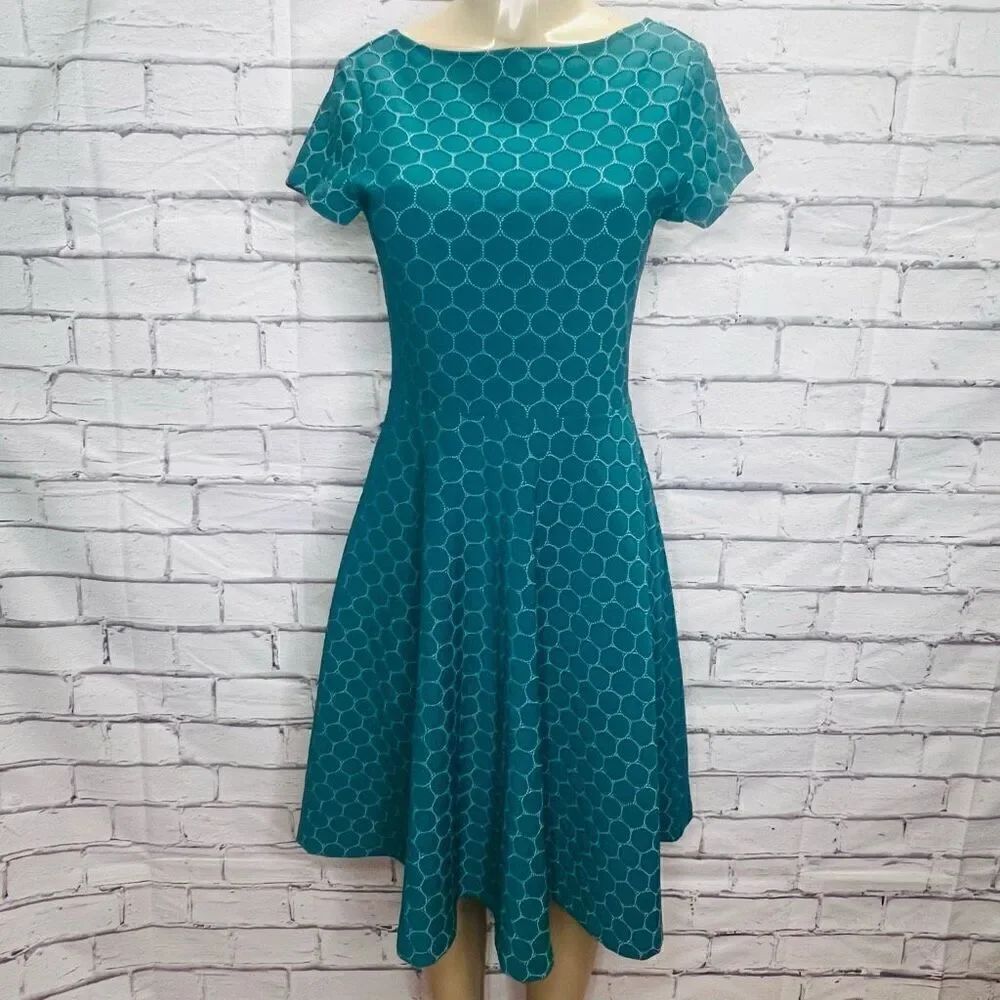 Leota Womens Teal Polka Dot Short Sleeve Scoop Back Fit & Flare Dress Size Small